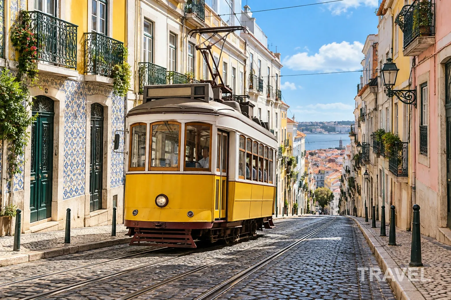 L’intera foto del tram, prima e dopo l’aggiunta della scritta bianca semitrasparente TRAVEL in basso a destra
