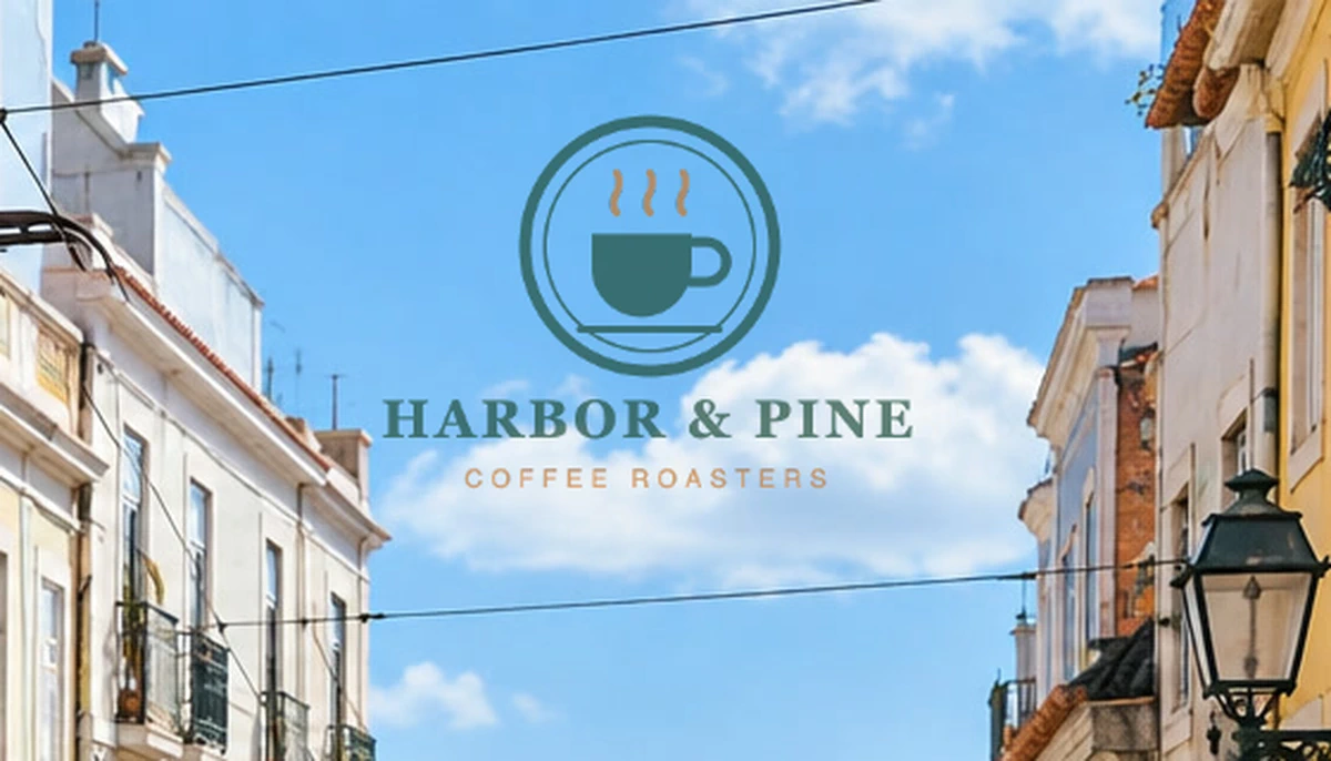 Il logo trasparente verde e arancione del caffè sul cielo azzurro sgombro, senza rettangolo bianco