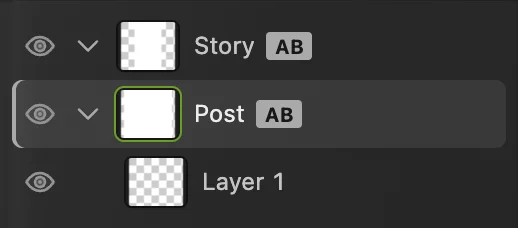 Il pannello Livelli: le righe Story e Post con badge AB, entrambe cerchiate, e Livello 1 dentro Post