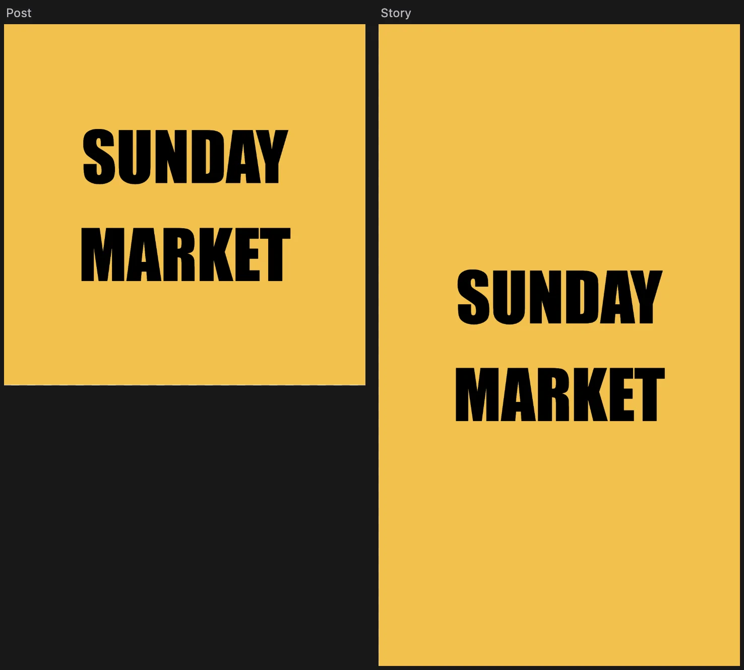 Due tavole gialle fianco a fianco, una quadrata e una verticale, ciascuna con SUNDAY MARKET in maiuscolo nero