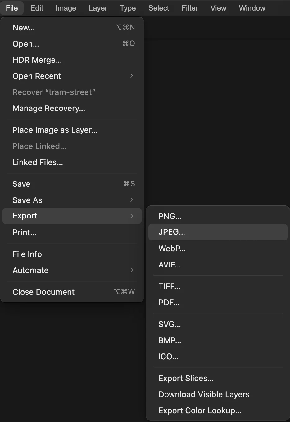 Il menu File con il sottomenu Esporta aperto e JPEG… cerchiato