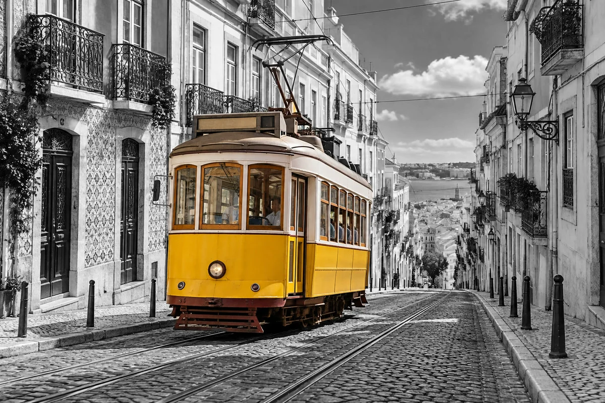 La via in bianco e nero con solo il tram ancora giallo