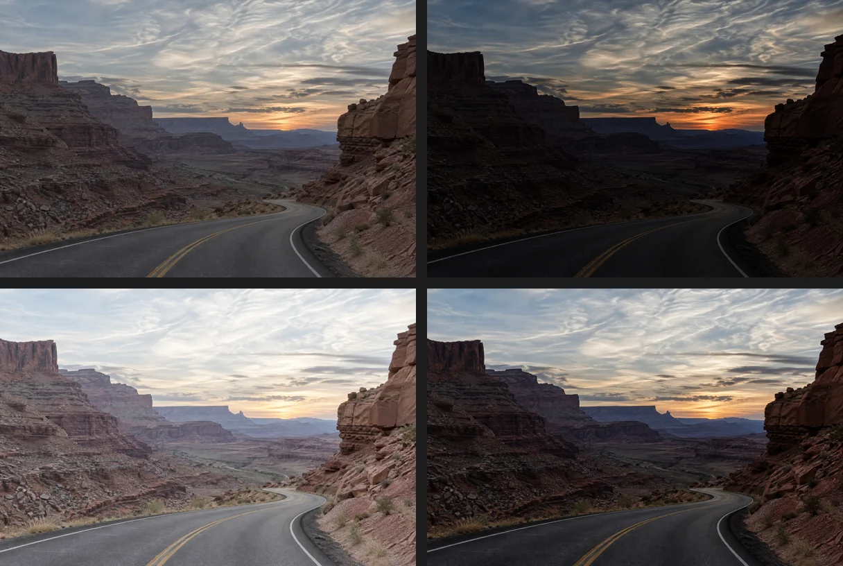 Quattro versioni della foto del canyon: l’originale, una versione più scura in Moltiplica, una più chiara in Scolora e una più contrastata in Luce soffusa