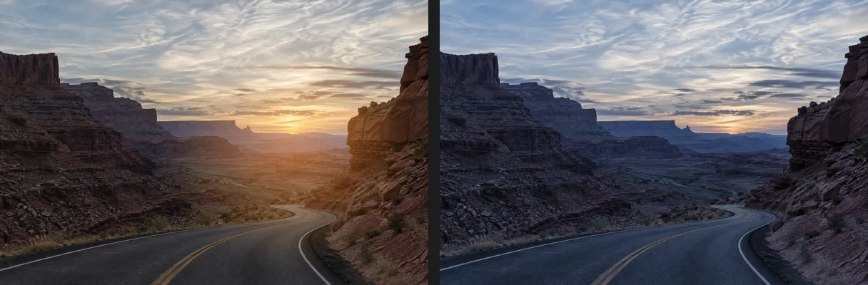 Due versioni della foto del canyon: con un caldo bagliore arancione attorno al sole che tramonta e con una tinta blu fredda