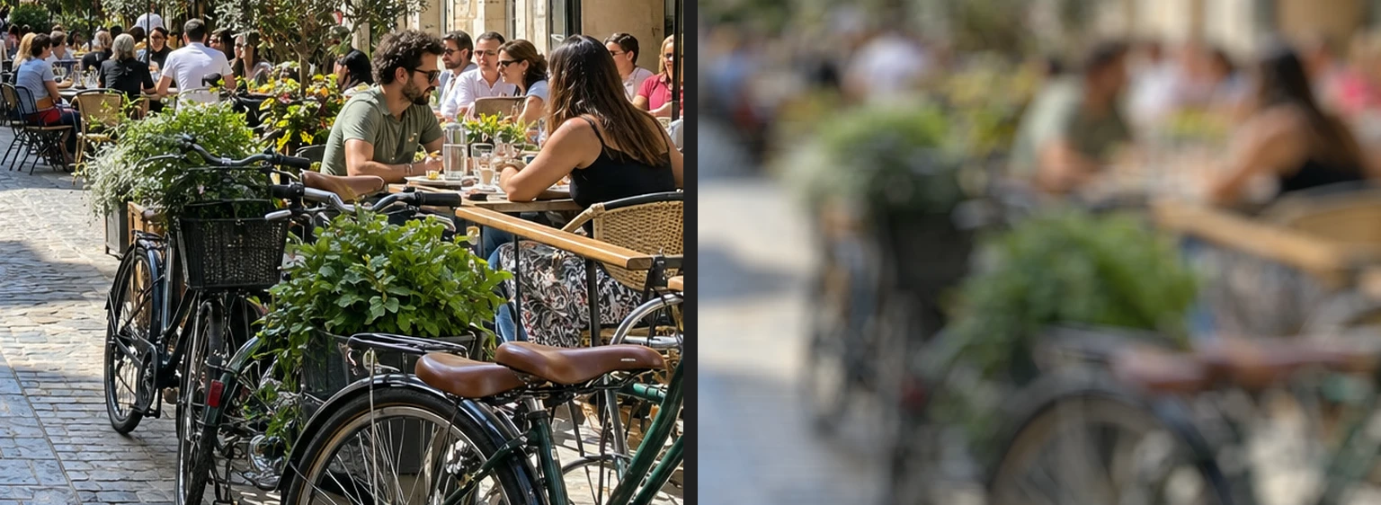 Due ritagli del bar dietro di lei: a sinistra biciclette, piante e persone ai tavoli nitide; a destra la stessa area sfocata