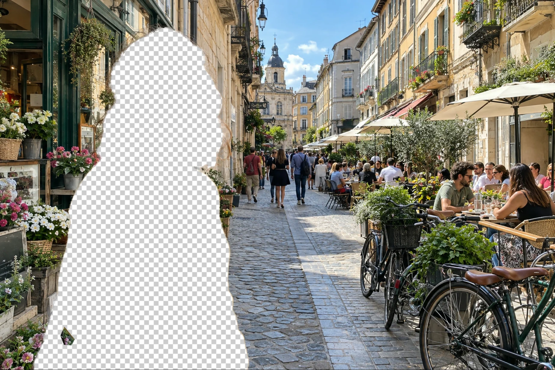 La strada con un buco vuoto a scacchi a forma di persona al posto della donna, e una piccola isola di fiori conservata in basso a sinistra nel buco