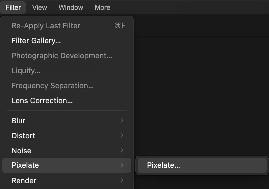 Il menu Filtro con il sottomenu Effetto pixel aperto ed Effetto pixel… cerchiato