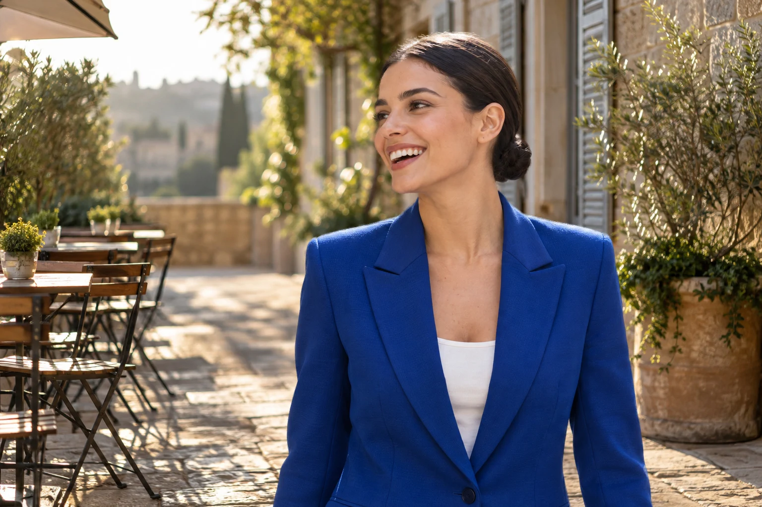 La donna composta sopra la terrazza del caffè, prima di uniformare luce e colore