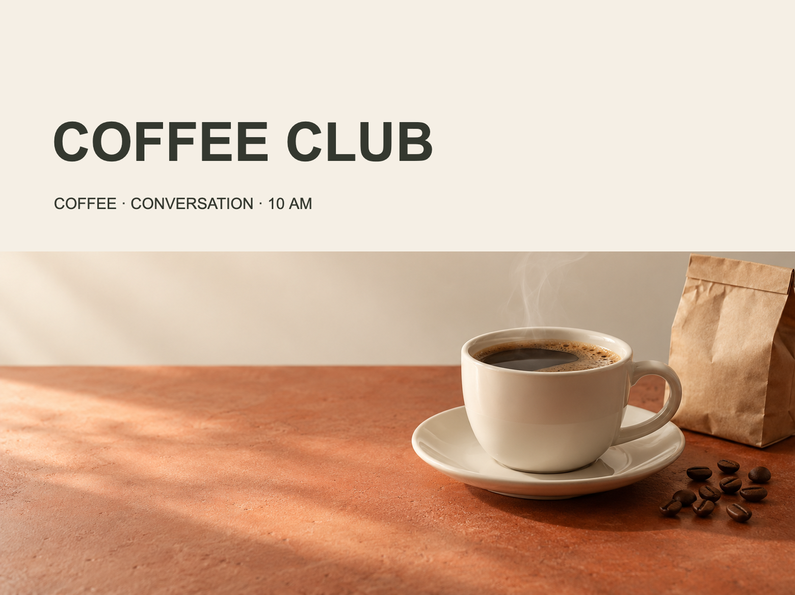 Un volantino per un caffè in cui SUNDAY CLUB è stato sostituito da COFFEE CLUB; la riga più piccola e la foto della tazza restano al loro posto