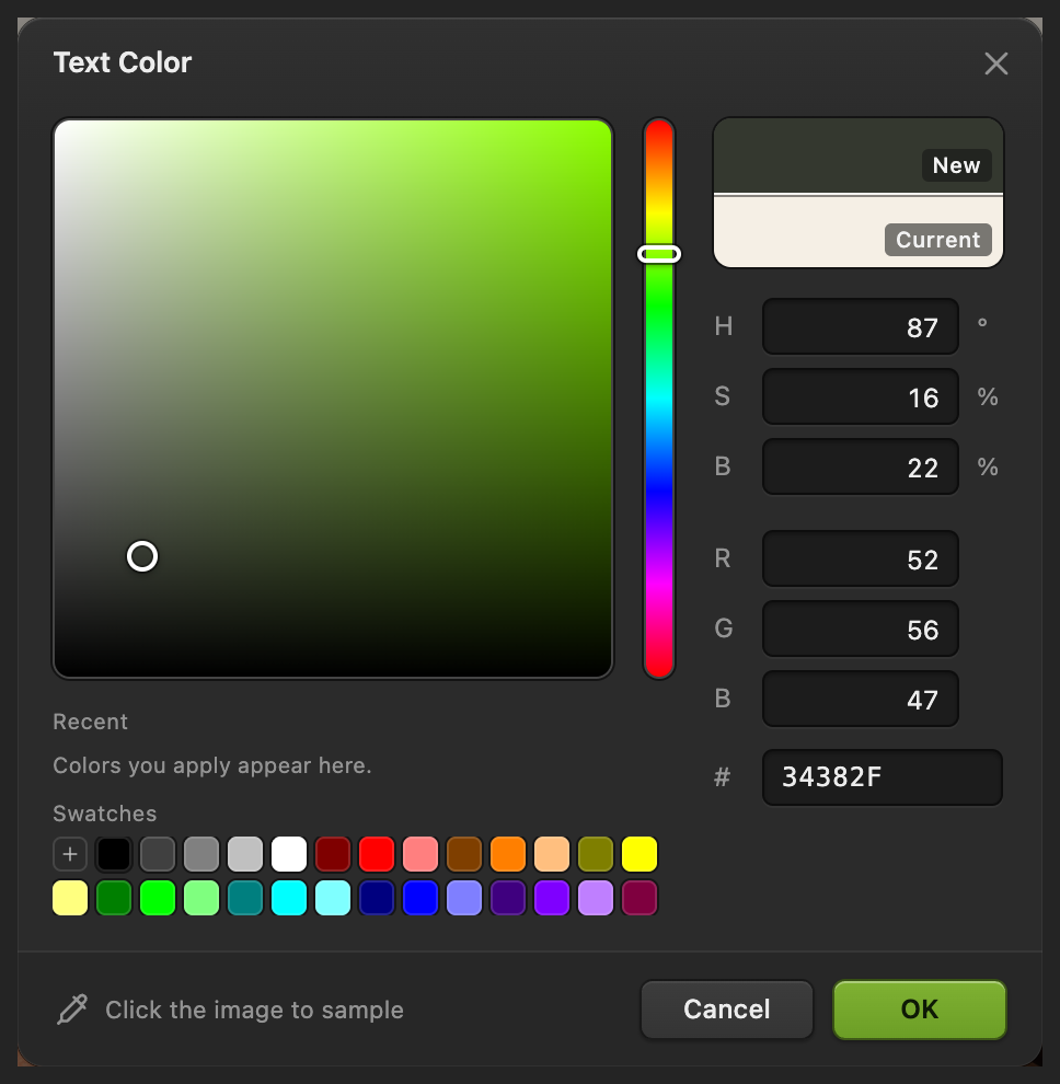 Il selettore Colore del testo con il colore esadecimale 34382F
