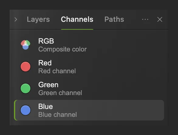 Il pannello Canali con RGB, Rosso, Verde e Blu, con Blu attivo e Blu e RGB cerchiati