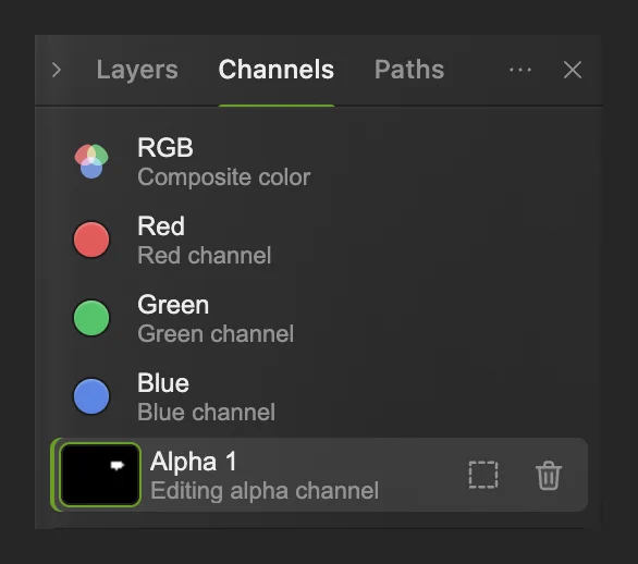 Il pannello Canali con Alfa 1, RGB e il pulsante di caricamento a rettangolo tratteggiato di Alfa 1 cerchiati
