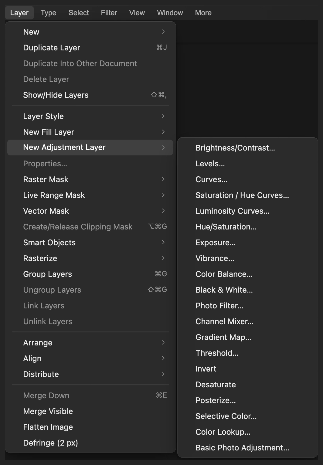 Il menu Livello con Nuovo livello di regolazione aperto e Curve cerchiato