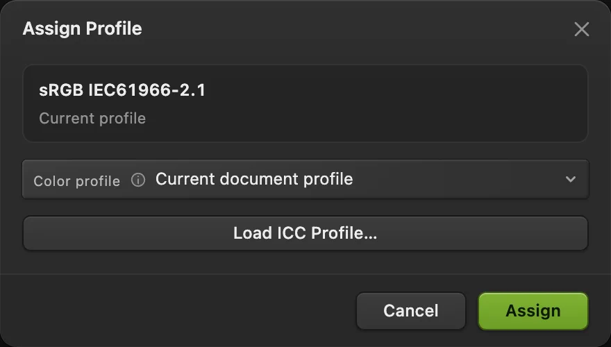 Il PNG corretto riaperto ora indica sRGB IEC61966-2.1 come profilo attuale, con Annulla cerchiato