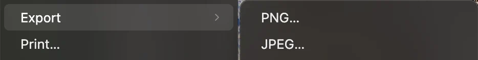 Il menu File e il sottomenu Esporta con JPEG evidenziato