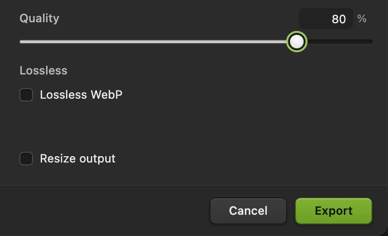 I controlli WebP con qualità 80 e WebP senza perdita disattivato