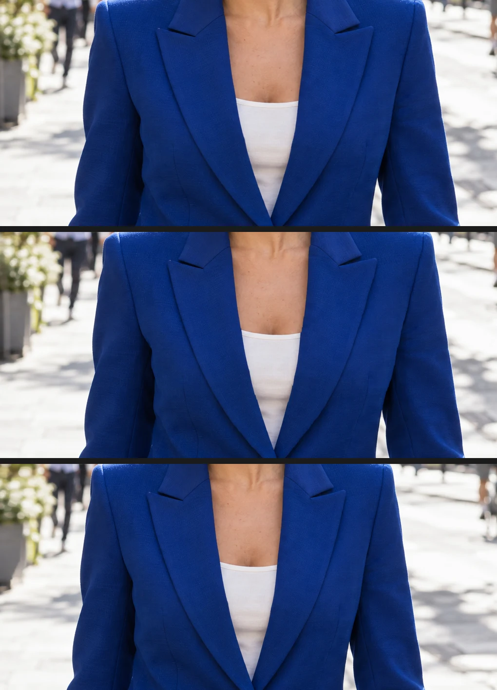 La stessa area intorno alla donna in tre versioni 16:9, con entrambi i bordi del blazer visibili, dall’alto in basso: un normale allungamento con la donna visibilmente più larga; Scala in base al contenuto senza protezione, con lei larga più o meno uguale; e con Proteggi impostato sulla selezione salvata, alla sua larghezza originale