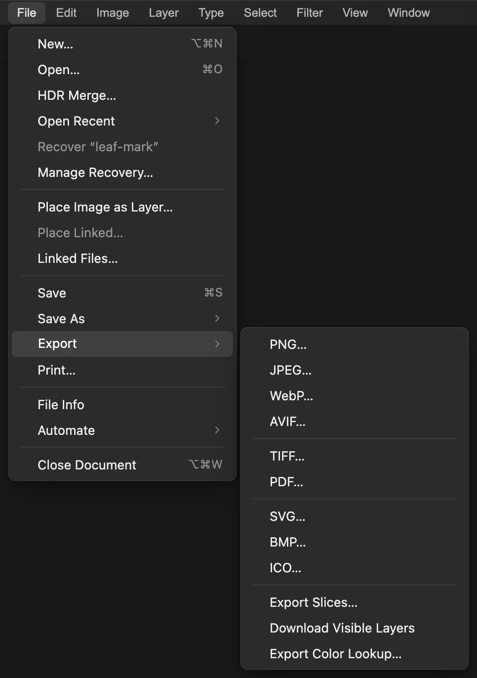 Menu File e sottomenu Esporta con ICO cerchiato