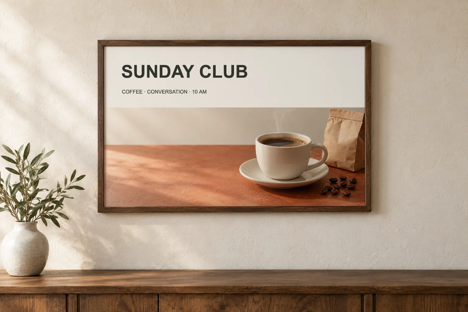 La stessa cornice di legno, prima vuota e poi con una stampa di caffè SUNDAY CLUB