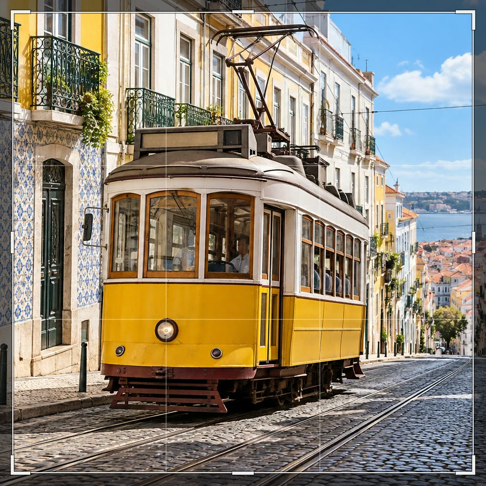 Un riquadro di ritaglio quadrato attorno al tram giallo, con la griglia dei terzi e le aree esterne ombreggiate