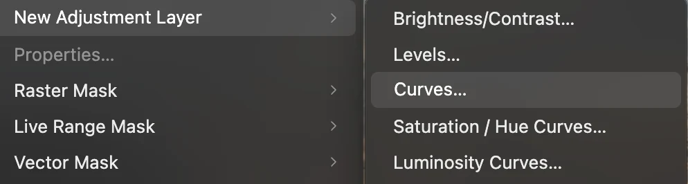 Il menu Livello con Nuovo livello di regolazione aperto e Curve evidenziato