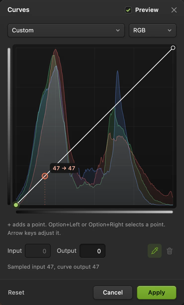La finestra Curve con un indicatore rosso sulla linea dritta a 47 → 47 e il testo Input campionato 47, output della curva 47