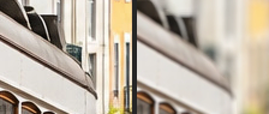 Ritagli ingranditi corrispondenti della fiancata del tram e degli edifici lontani, prima a sinistra e dopo a destra