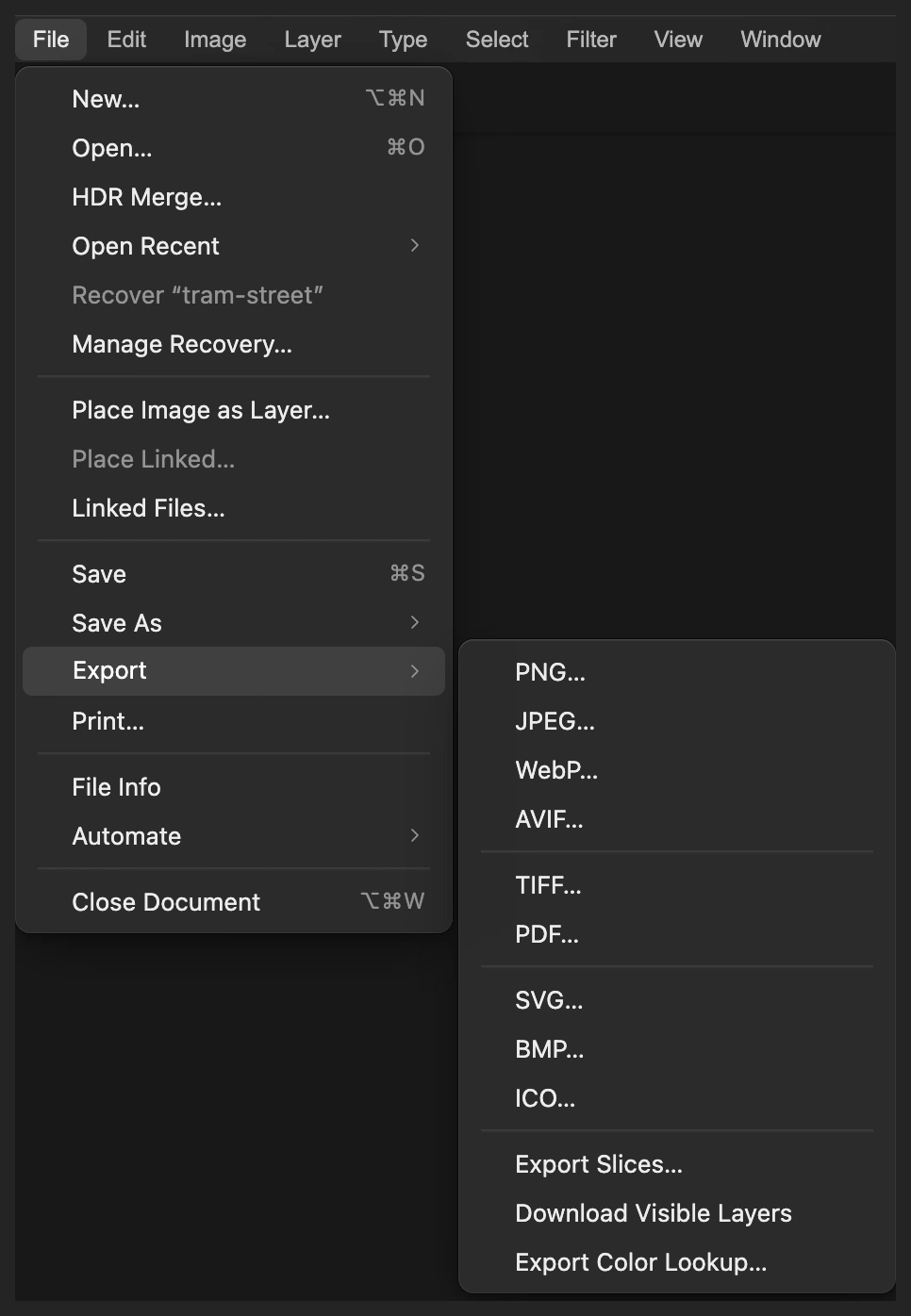 Menu File con Esporta e JPEG cerchiati