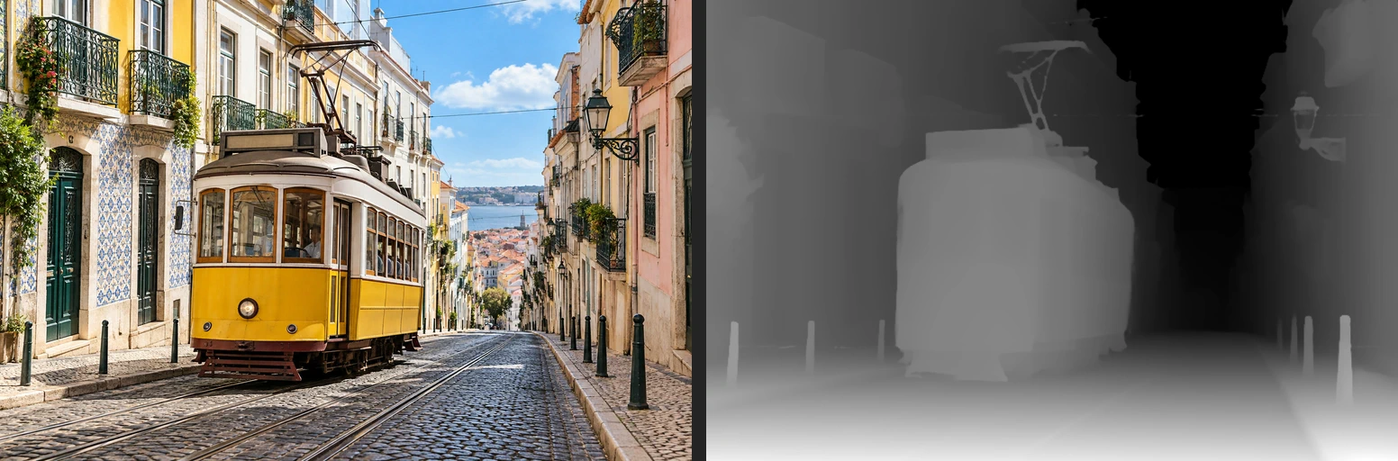 La foto a colori del tram accanto alla sua mappa di profondità in scala di grigi, con primo piano chiaro, tram grigio medio e strada lontana scura