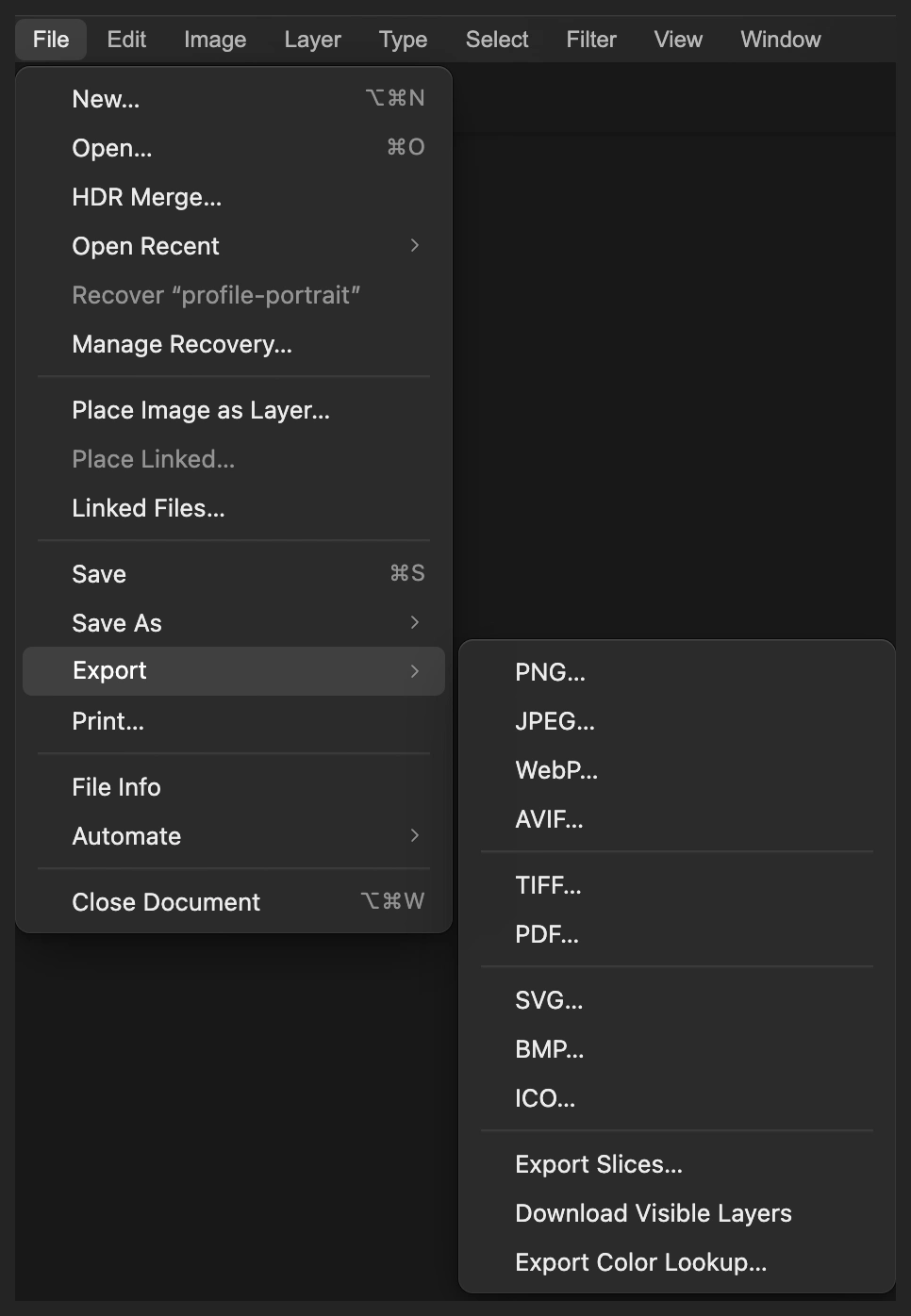 Il menu File con Esporta e JPEG cerchiati