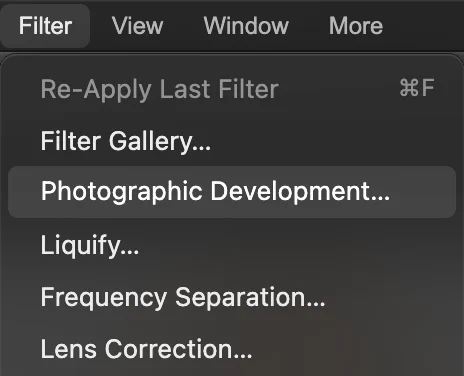 Il menu Filtro aperto con Sviluppo fotografico evidenziato, terza voce dall’alto