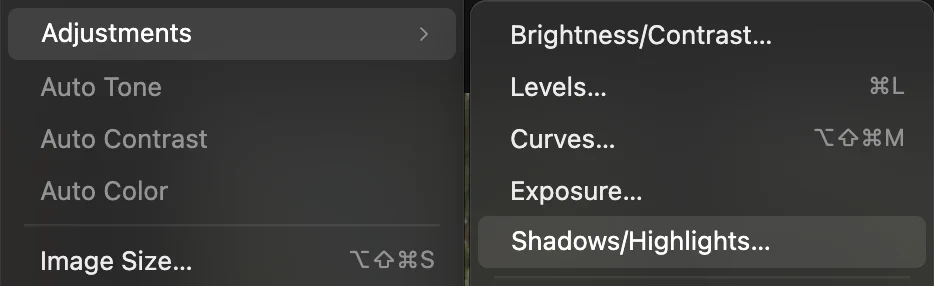 Il menu Immagine con Regolazioni aperto e Luci/ombre evidenziato