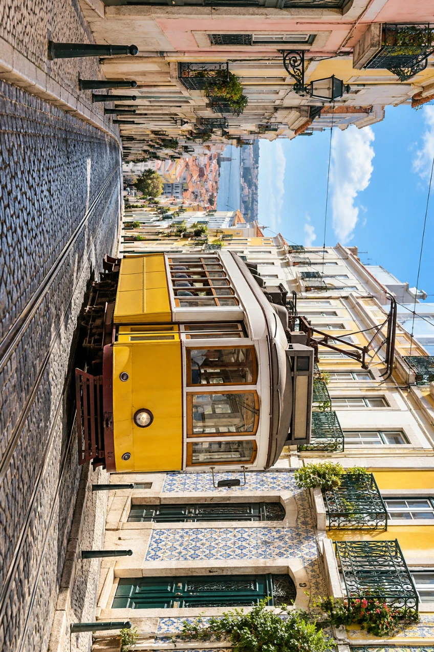 La foto specchiata del tram ruotata di un quarto di giro in senso orario, ora in un quadro verticale