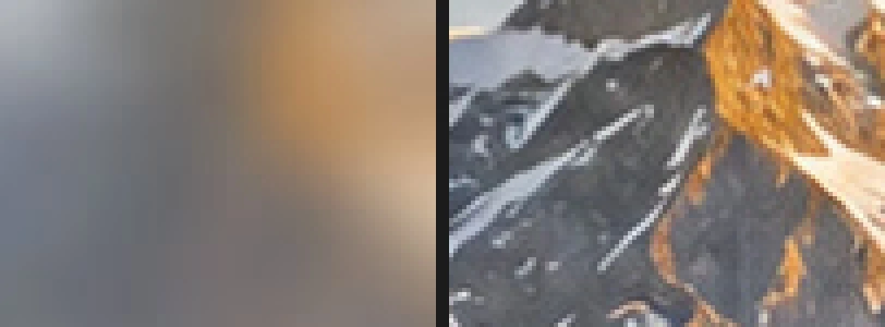 Due viste ingrandite di una cima innevata: sfocata nello scatto a fuoco vicino, con creste e neve nitide nello stack