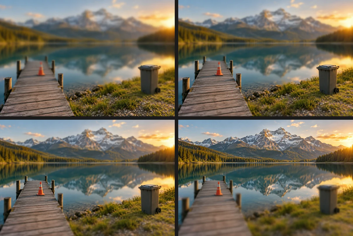 Quattro versioni della foto del pontile in una griglia: assi ed erba vicine nitide con montagne morbide; il primo piano intermedio nitido; cono, pali lontani e media distanza nitidi; montagne e riflessi nitidi con il primo piano sfocato