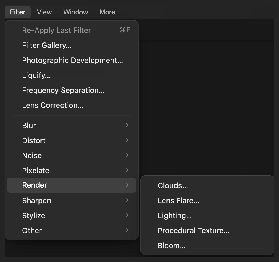 Il menu Filtro con Rendering aperto e Bagliore cerchiato