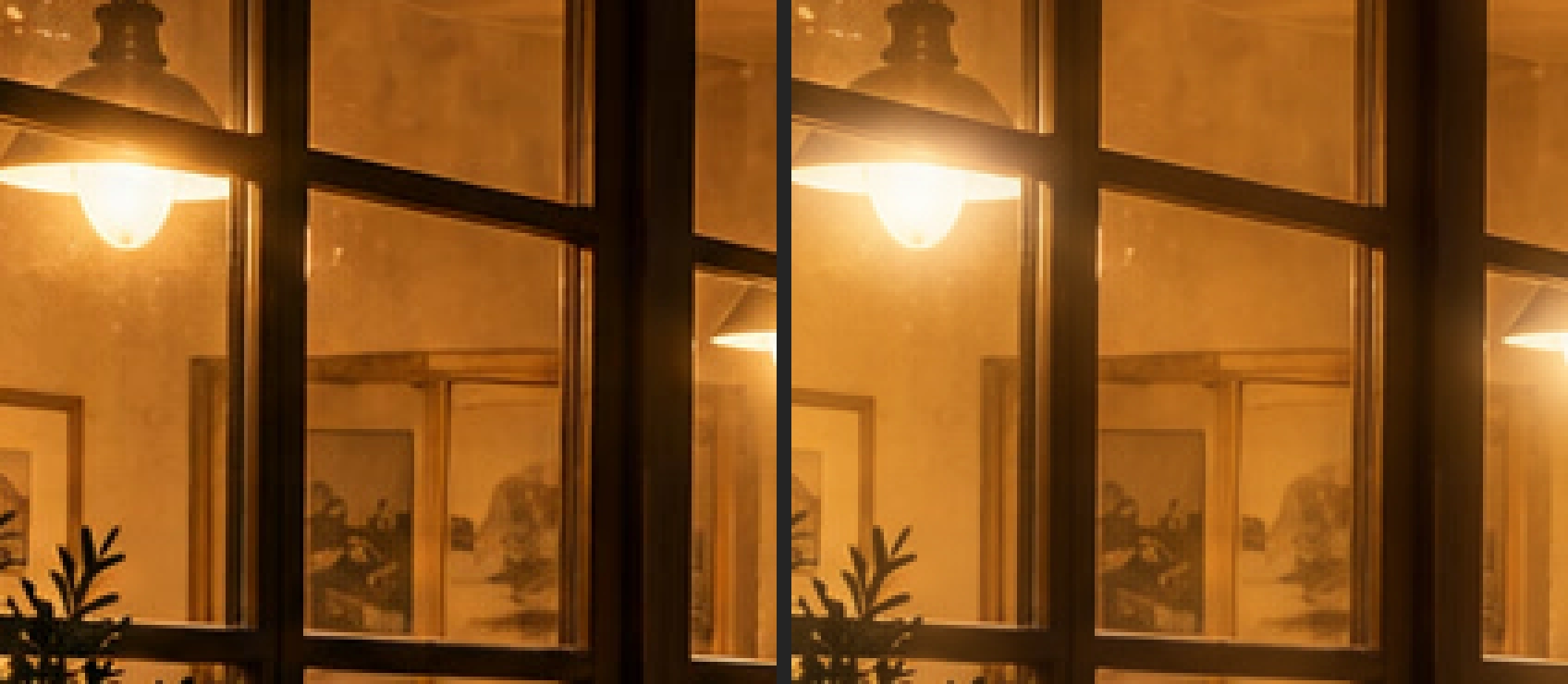 Dettagli corrispondenti della vetrina del caffè, l’originale a sinistra e Bagliore diffuso a destra, con una resa più morbida e luminosa nella vetrina