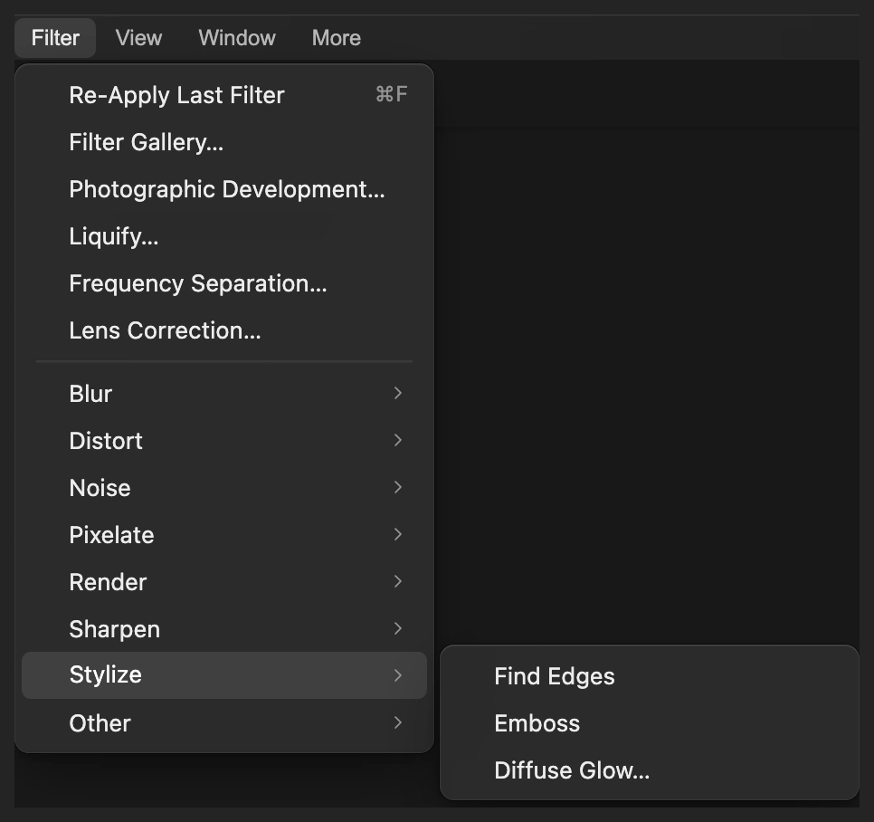 Il menu Filtro con Stilizzazione aperto e Bagliore diffuso cerchiato