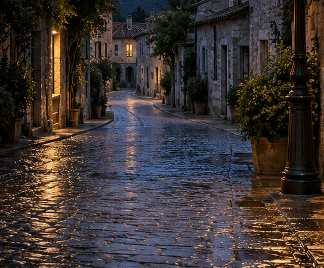 Lo stesso ritaglio della strada dopo Illuminazione, con una morbida chiazza più chiara sulle pietre bagnate