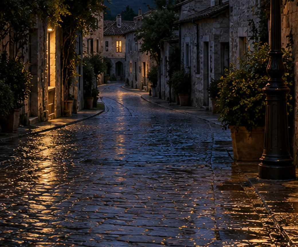 Un ritaglio della strada bagnata originale e degli edifici a destra, prima di Illuminazione