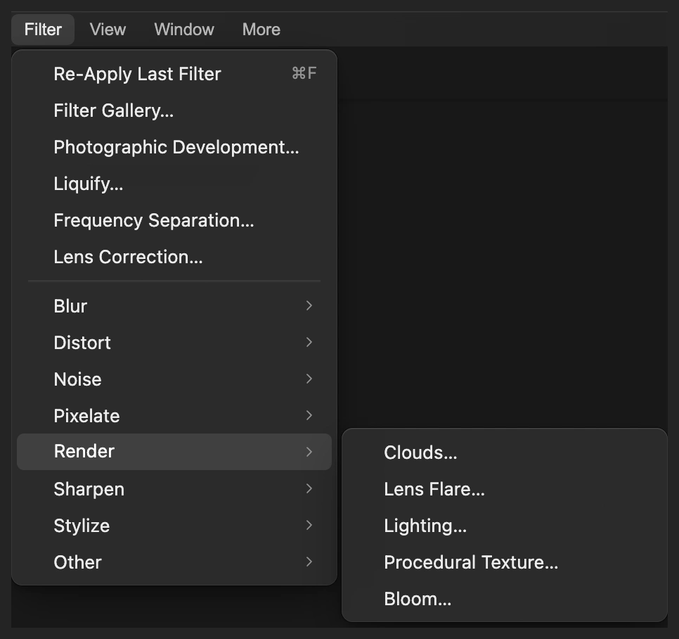 Il menu Filtro con Rendering aperto e Illuminazione cerchiato