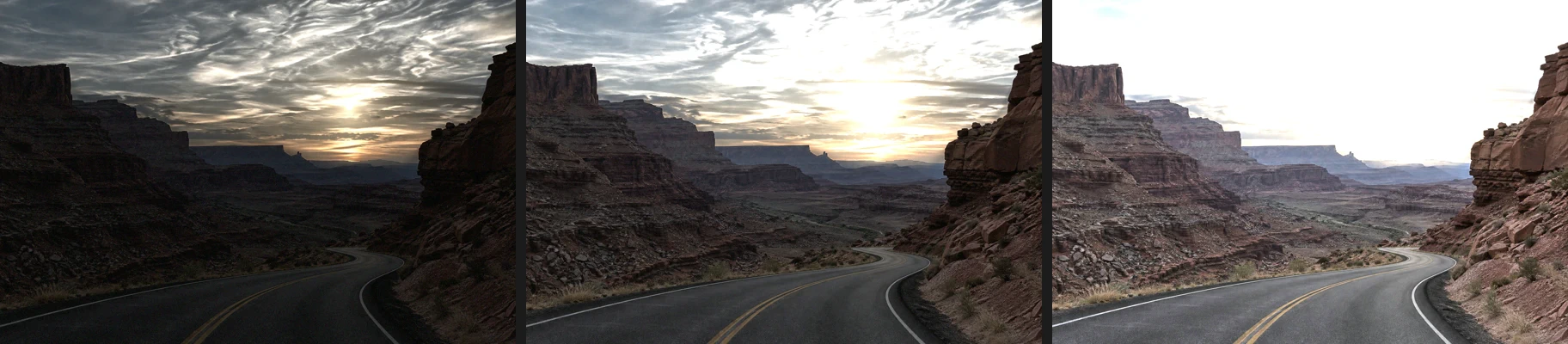 Tre esposizioni della stessa strada nel canyon al tramonto affiancate: scura a −2 EV con le nuvole e il bagliore del sole nel cielo, normale a 0 EV con il cielo bruciato intorno al sole, chiara a +2 EV con pareti del canyon chiare e cielo bianco