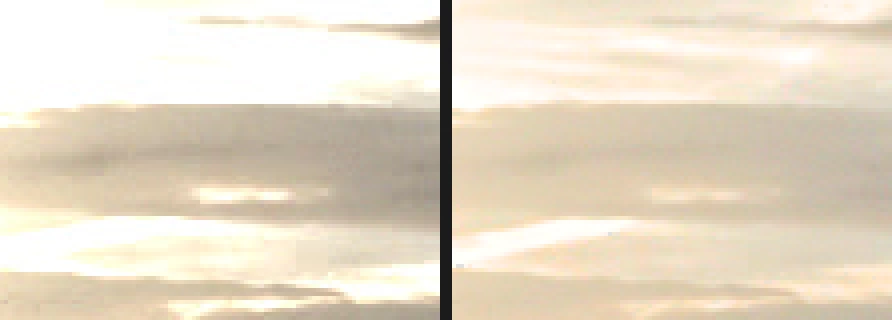 Un ritaglio ingrandito del cielo a destra del sole: fasce di bianco puro tra le nuvole nella singola esposizione a 0 EV, e la trama delle nuvole ovunque nell’HDR unito
