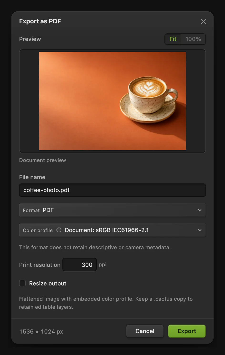 L’intera finestra Esporta come PDF con la foto del caffè, Risoluzione di stampa 300 ppi e il riepilogo dell’output nella parte inferiore
