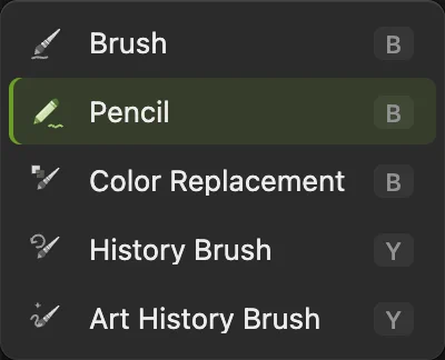 Il menu a comparsa degli strumenti di pittura con Pennello, Matita e Sostituzione colore sotto B e gli strumenti Pennello storia sotto Y, con Pennello cerchiato e Matita selezionata