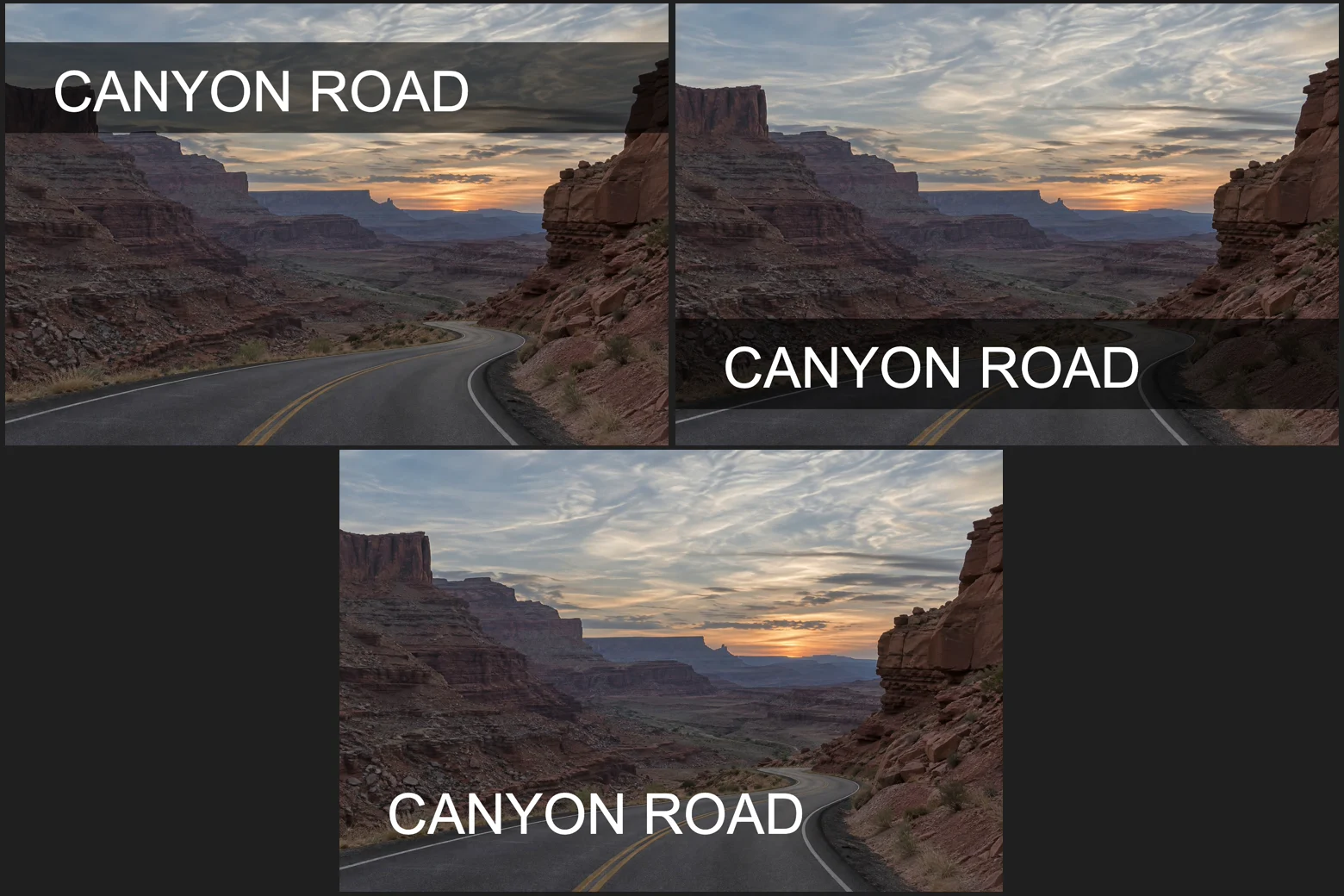 Tre versioni del poster CANYON ROAD: il titolo su una fascia scura in alto, la fascia e il titolo in basso e il titolo in basso senza la fascia