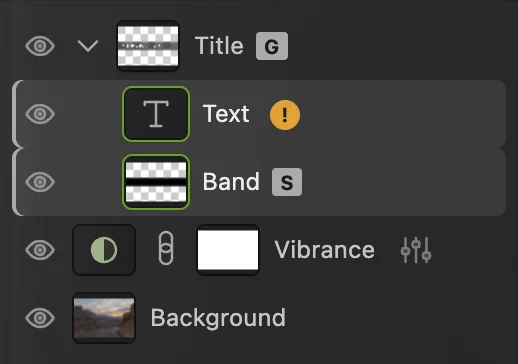 Il pannello Livelli con le righe Band e Text entrambe selezionate e cerchiate, nel gruppo Title, sopra Vibrance e Background