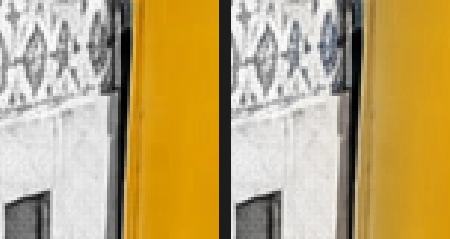 Due dettagli del bordo anteriore sinistro del tram al 300%: a sinistra un bordo giallo nitido, a destra il grigio che invade il giallo e del colore blu sulle piastrelle del muro