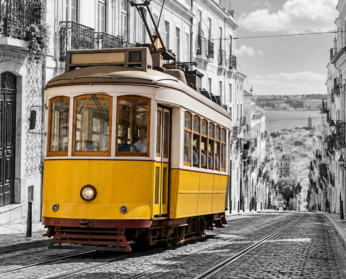 La strada in bianco e nero con il tram giallo a colori