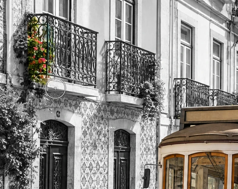 Dettaglio del balcone in alto a sinistra: i fiori rossi sono a colori tra i muri grigi, con il cursore rotondo del pennello sotto di loro